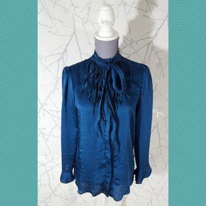 Cartise Retro Blue Satin Ruffled Tie Neck Button Front Blouse